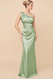 One Shoulder Sheath Eucalyptus Ruched Bridesmaid Dress
