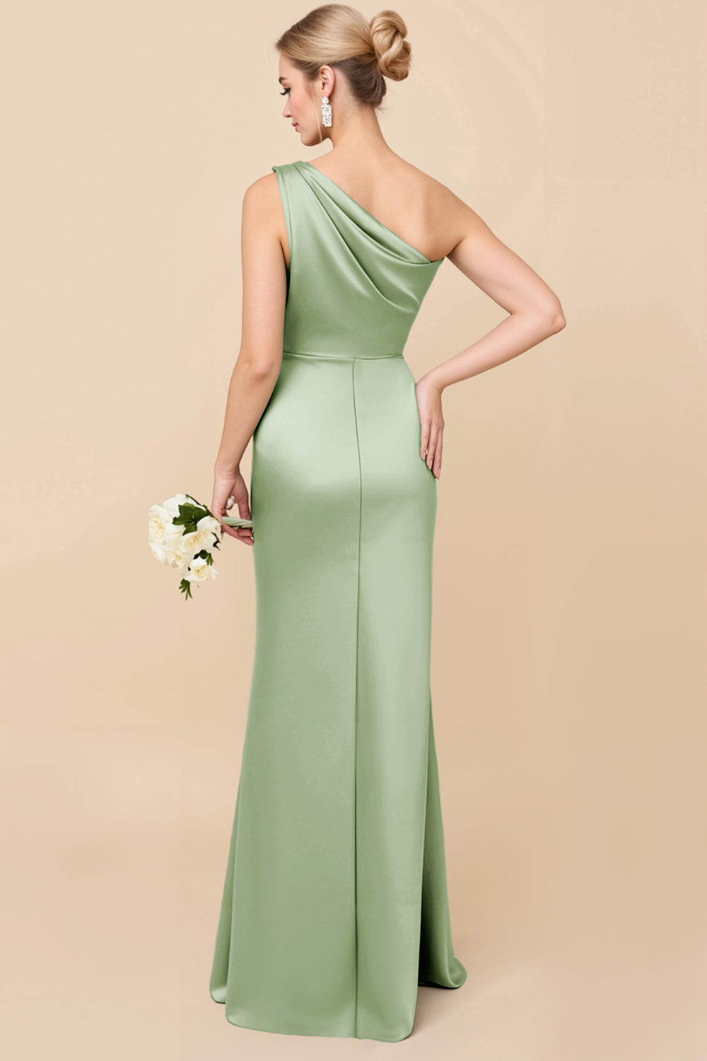 One Shoulder Sheath Eucalyptus Ruched Bridesmaid Dress