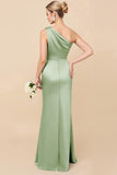 One Shoulder Sheath Eucalyptus Ruched Bridesmaid Dress