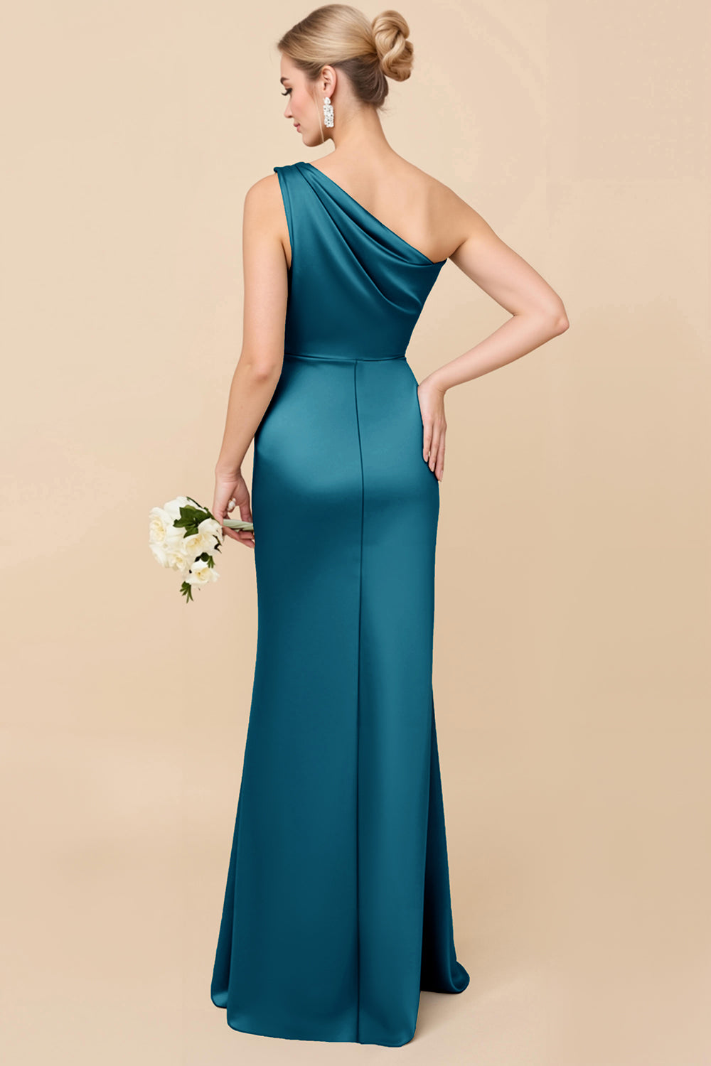 One Shoulder Sheath Eucalyptus Ruched Bridesmaid Dress