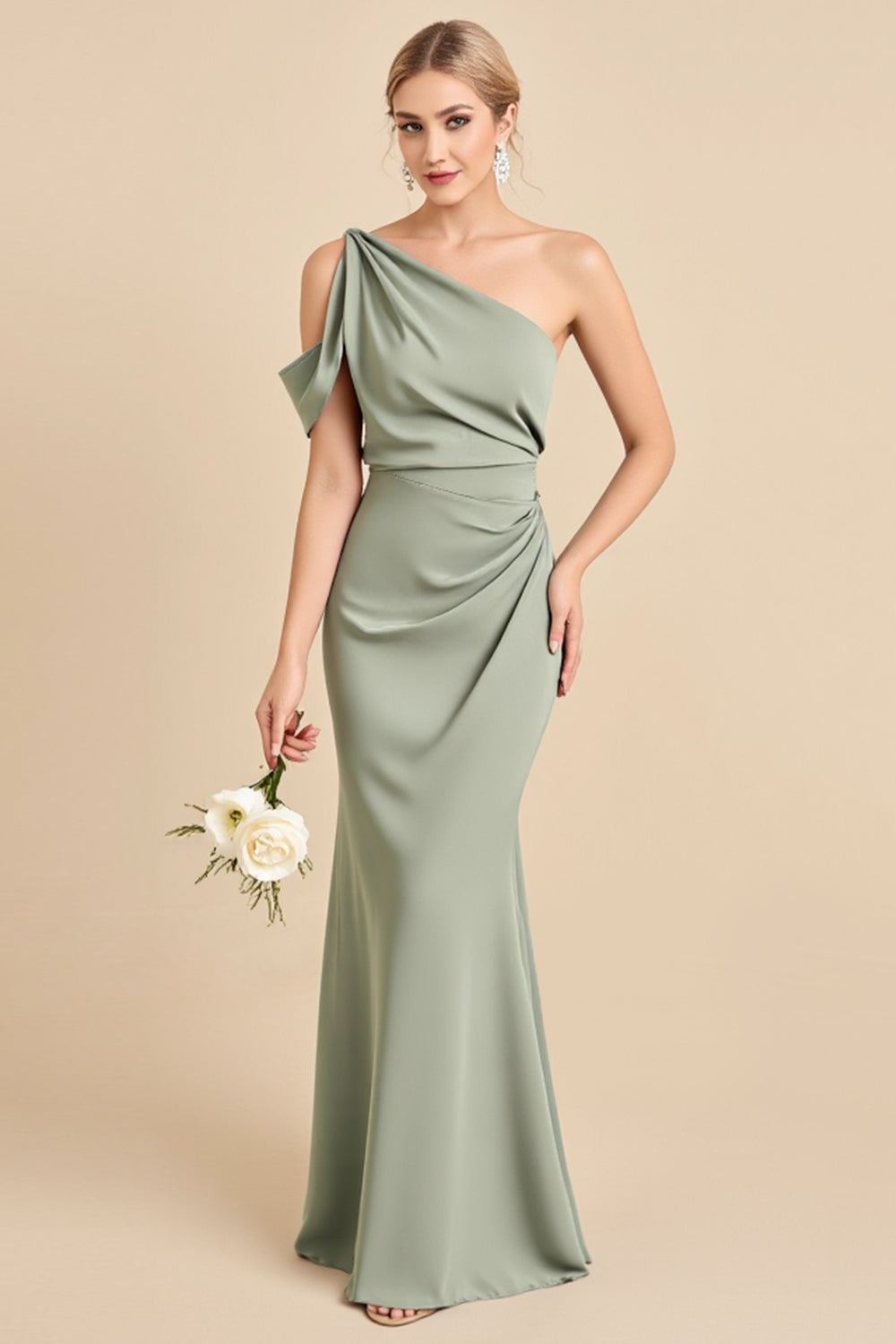 Matcha One Shoulder Mermaid Long Satin Bridesmaid Dress