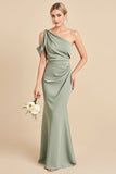 Matcha One Shoulder Mermaid Long Satin Bridesmaid Dress
