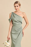 Matcha One Shoulder Mermaid Long Satin Bridesmaid Dress