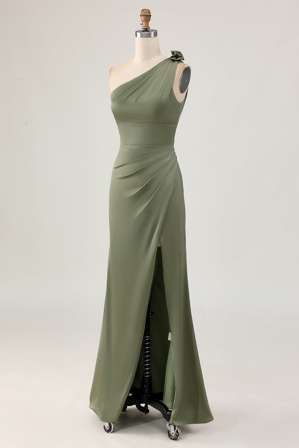 One Shoulder Eucalyptus Mermaid Long Bridesmaid Dress with Slit