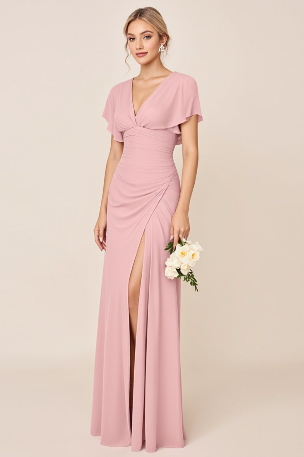Candy Pink Sheath V Neck Ruffle Sleeves Ruched Long Bridesmaid Dress with Slit