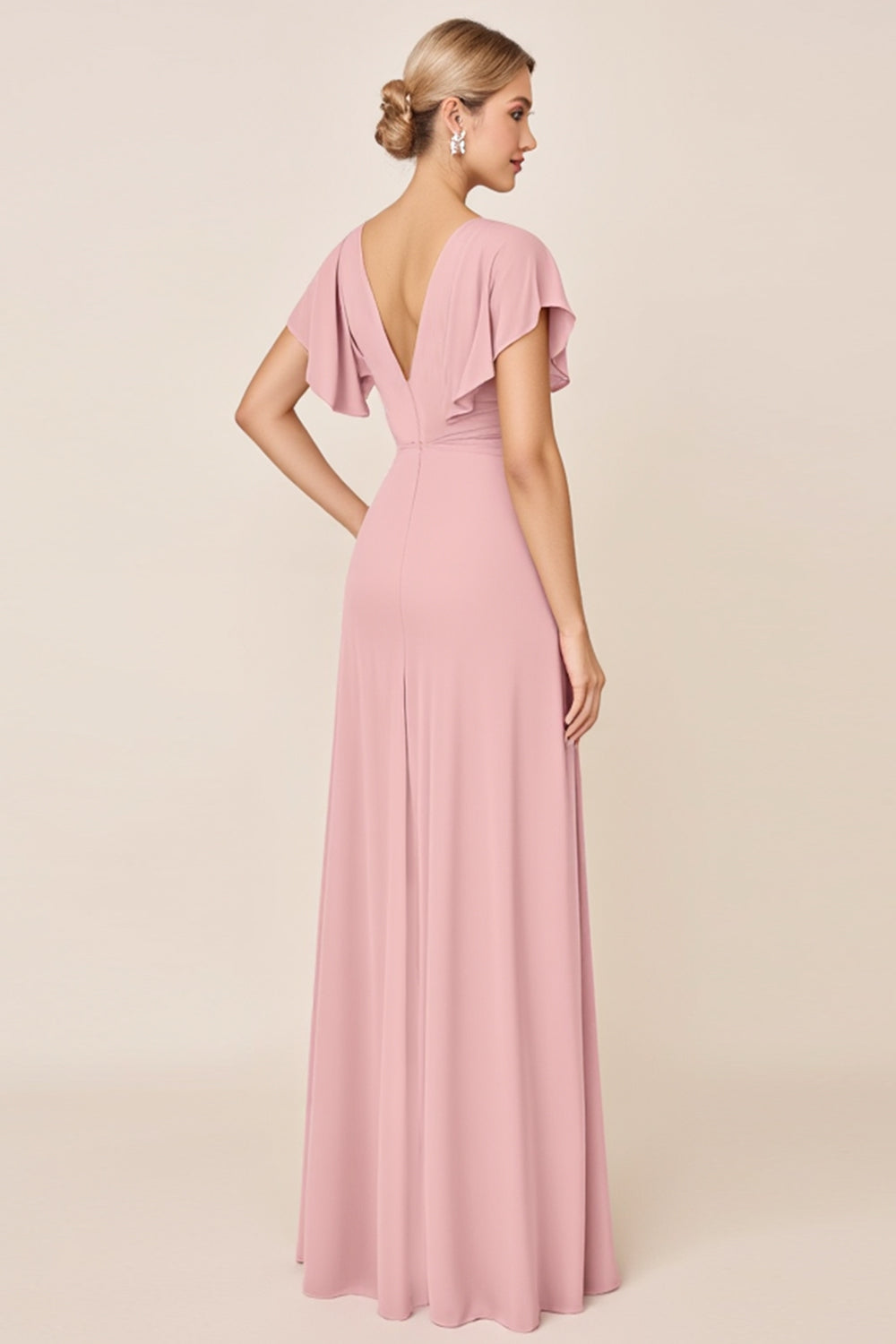 Candy Pink Sheath V Neck Ruffle Sleeves Ruched Long Bridesmaid Dress with Slit