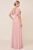 Candy Pink Sheath V Neck Ruffle Sleeves Ruched Long Bridesmaid Dress with Slit