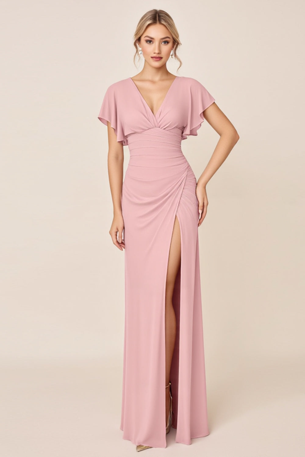 Candy Pink Sheath V Neck Ruffle Sleeves Ruched Long Bridesmaid Dress with Slit