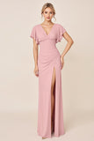 Candy Pink Sheath V Neck Ruffle Sleeves Ruched Long Bridesmaid Dress with Slit