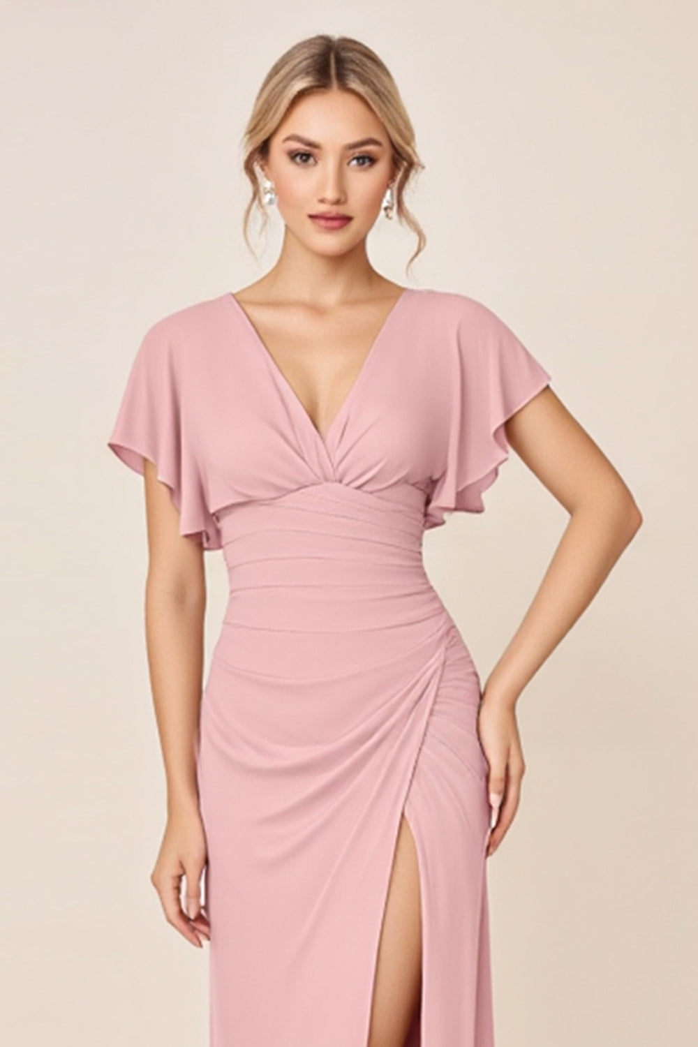 Candy Pink Sheath V Neck Ruffle Sleeves Ruched Long Bridesmaid Dress with Slit