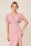 Candy Pink Sheath V Neck Ruffle Sleeves Ruched Long Bridesmaid Dress with Slit
