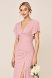 Candy Pink Sheath V Neck Ruffle Sleeves Ruched Long Bridesmaid Dress with Slit