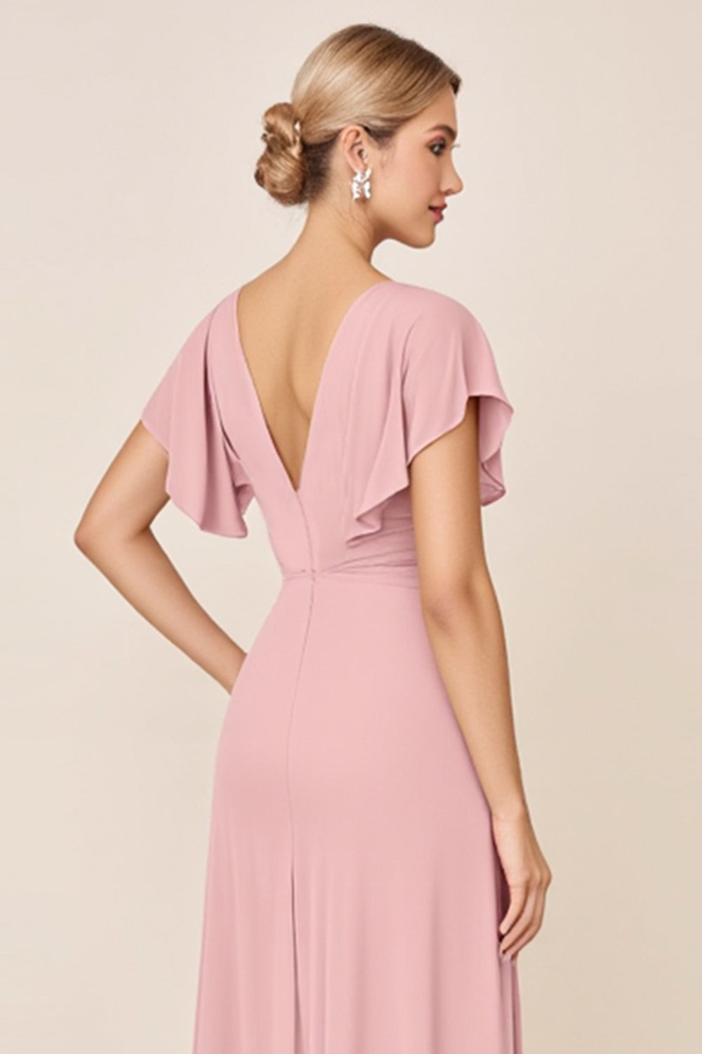 Candy Pink Sheath V Neck Ruffle Sleeves Ruched Long Bridesmaid Dress with Slit