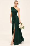 Pine Ruched One Shoulder Long Bridesmaid Dress with Slit