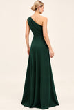 Pine Ruched One Shoulder Long Bridesmaid Dress with Slit