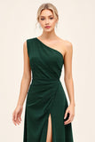 Pine Ruched One Shoulder Long Bridesmaid Dress with Slit