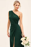 Pine Ruched One Shoulder Long Bridesmaid Dress with Slit