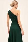 Pine Ruched One Shoulder Long Bridesmaid Dress with Slit