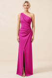 Matcha One Shoulder Chiffon Ruched Long Bridesmaid Dress with Slit