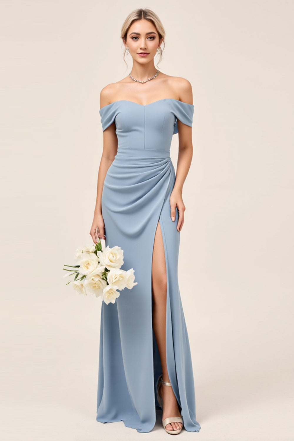 Chiffon Dusty Blue Ruched Off The Shoulder Long Bridesmaid Dress with Slit