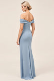 Chiffon Dusty Blue Ruched Off The Shoulder Long Bridesmaid Dress with Slit