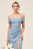 Chiffon Dusty Blue Ruched Off The Shoulder Long Bridesmaid Dress with Slit