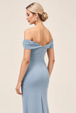 Chiffon Dusty Blue Ruched Off The Shoulder Long Bridesmaid Dress with Slit