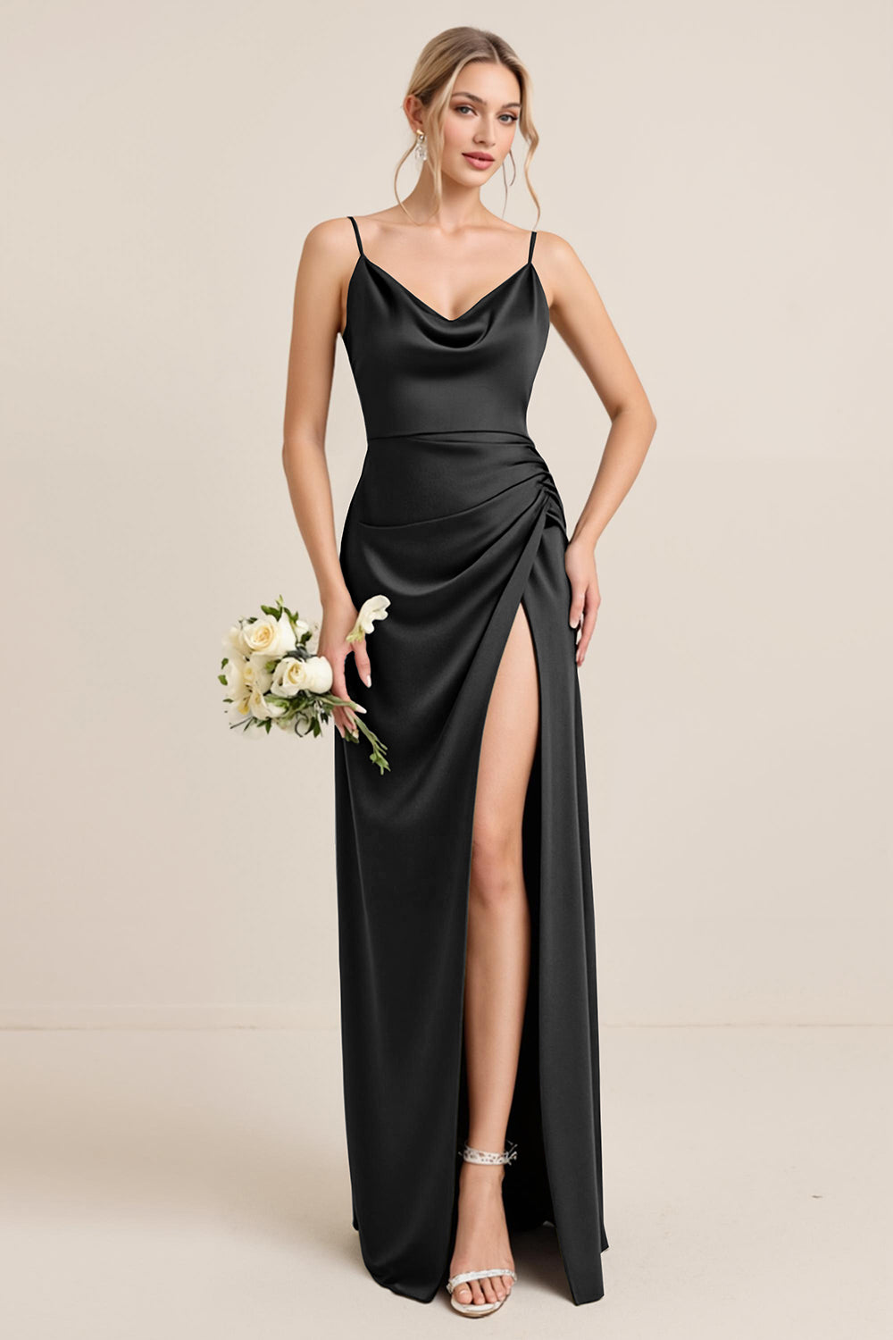 Olive Sheath Satin Maxi Bridesmaid Dress with Slit