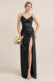 Olive Sheath Satin Maxi Bridesmaid Dress with Slit