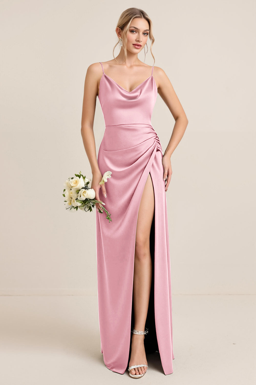 Olive Sheath Satin Maxi Bridesmaid Dress with Slit