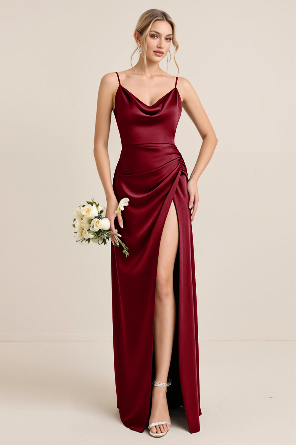 Olive Sheath Satin Maxi Bridesmaid Dress with Slit