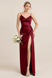 Olive Sheath Satin Maxi Bridesmaid Dress with Slit