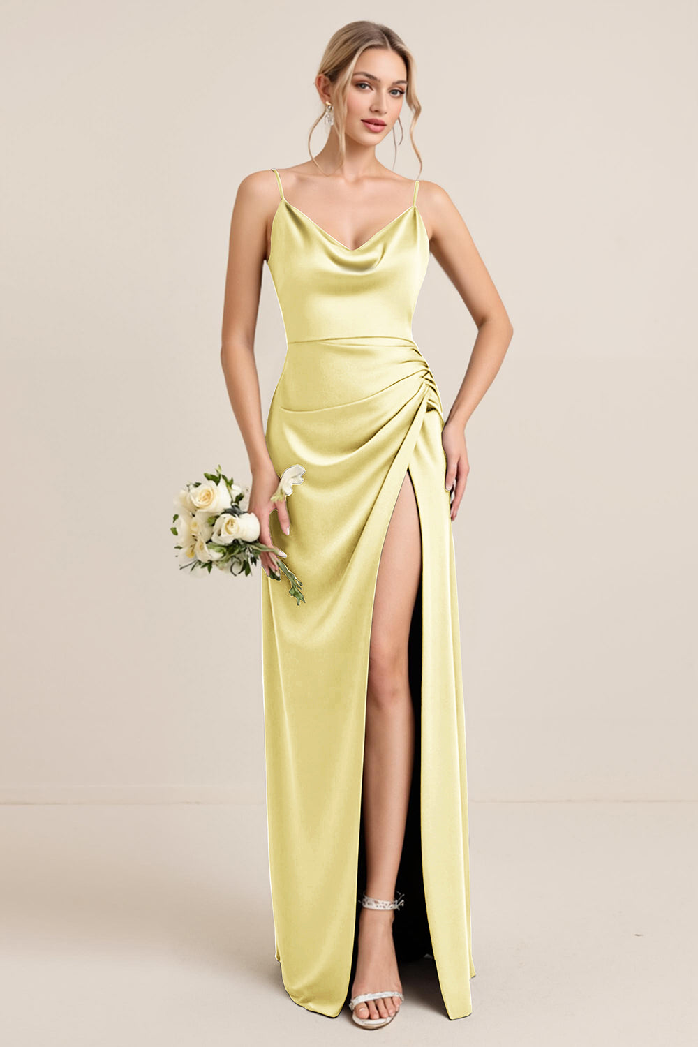 Olive Sheath Satin Maxi Bridesmaid Dress with Slit