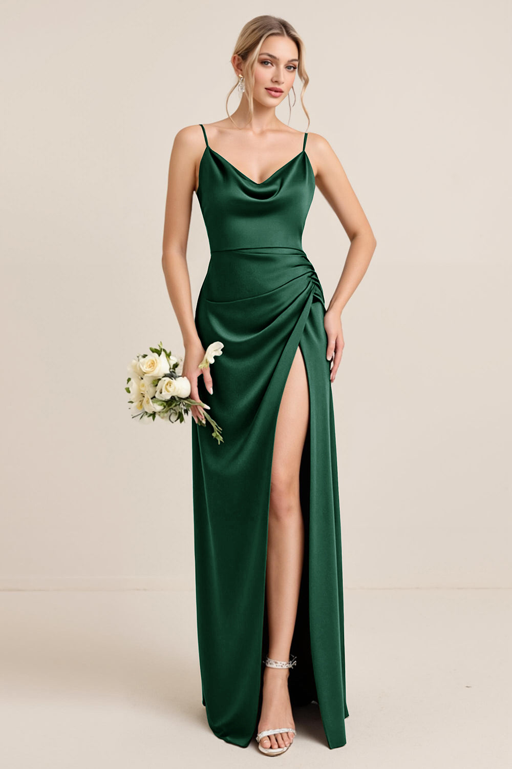 Olive Sheath Satin Maxi Bridesmaid Dress with Slit