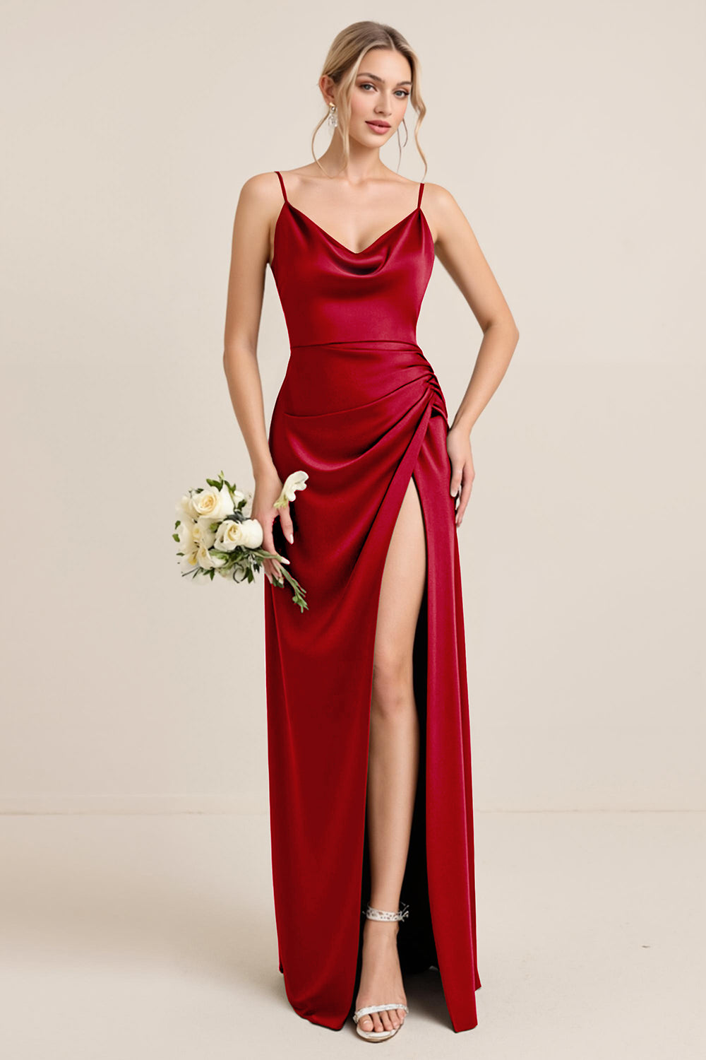 Olive Sheath Satin Maxi Bridesmaid Dress with Slit
