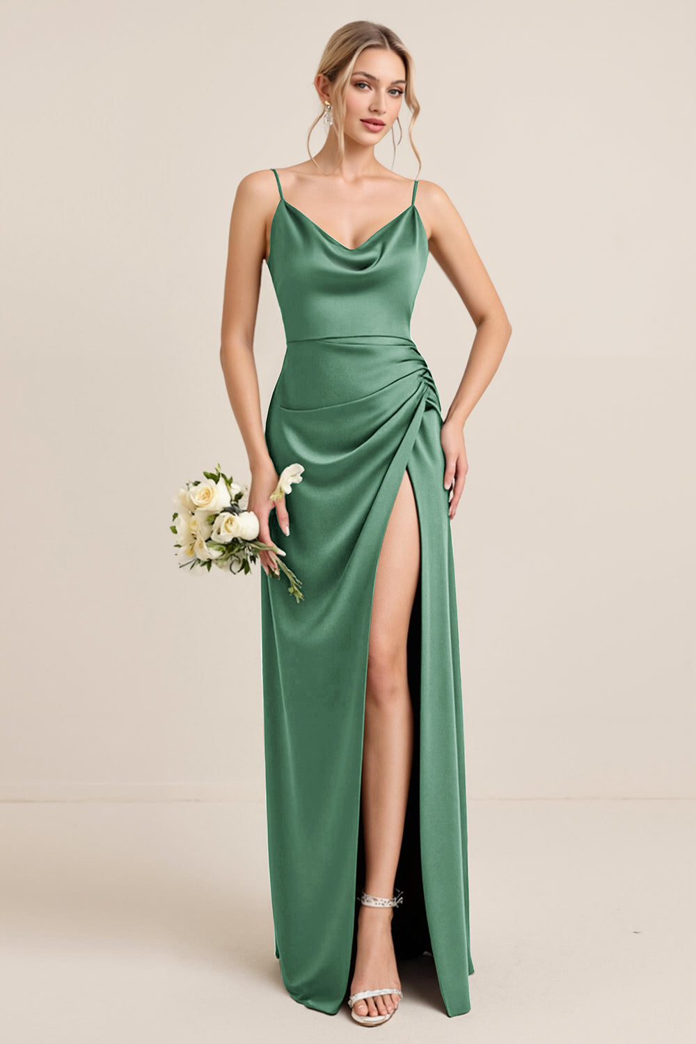 Olive Sheath Satin Maxi Bridesmaid Dress with Slit