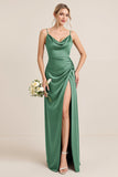 Olive Sheath Satin Maxi Bridesmaid Dress with Slit