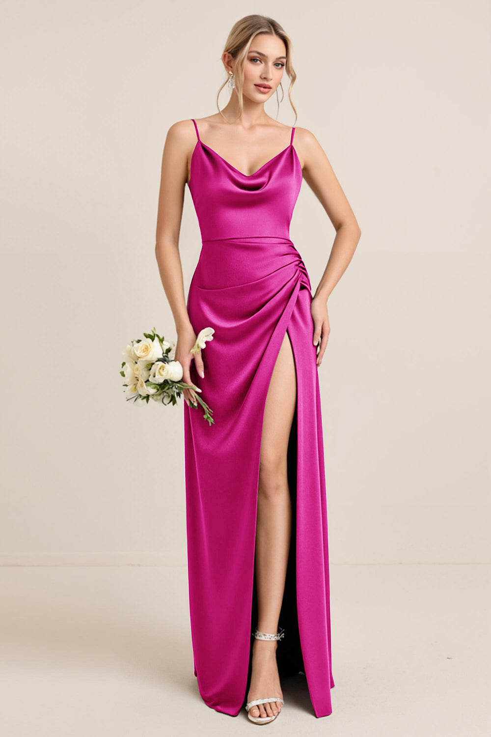 Olive Sheath Satin Maxi Bridesmaid Dress with Slit