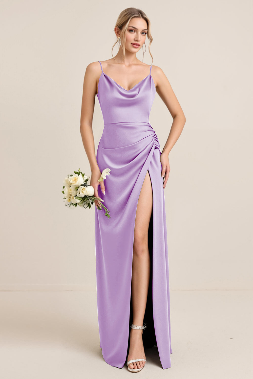 Olive Sheath Satin Maxi Bridesmaid Dress with Slit