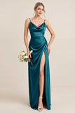 Olive Sheath Satin Maxi Bridesmaid Dress with Slit