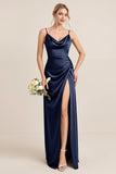 Olive Sheath Satin Maxi Bridesmaid Dress with Slit
