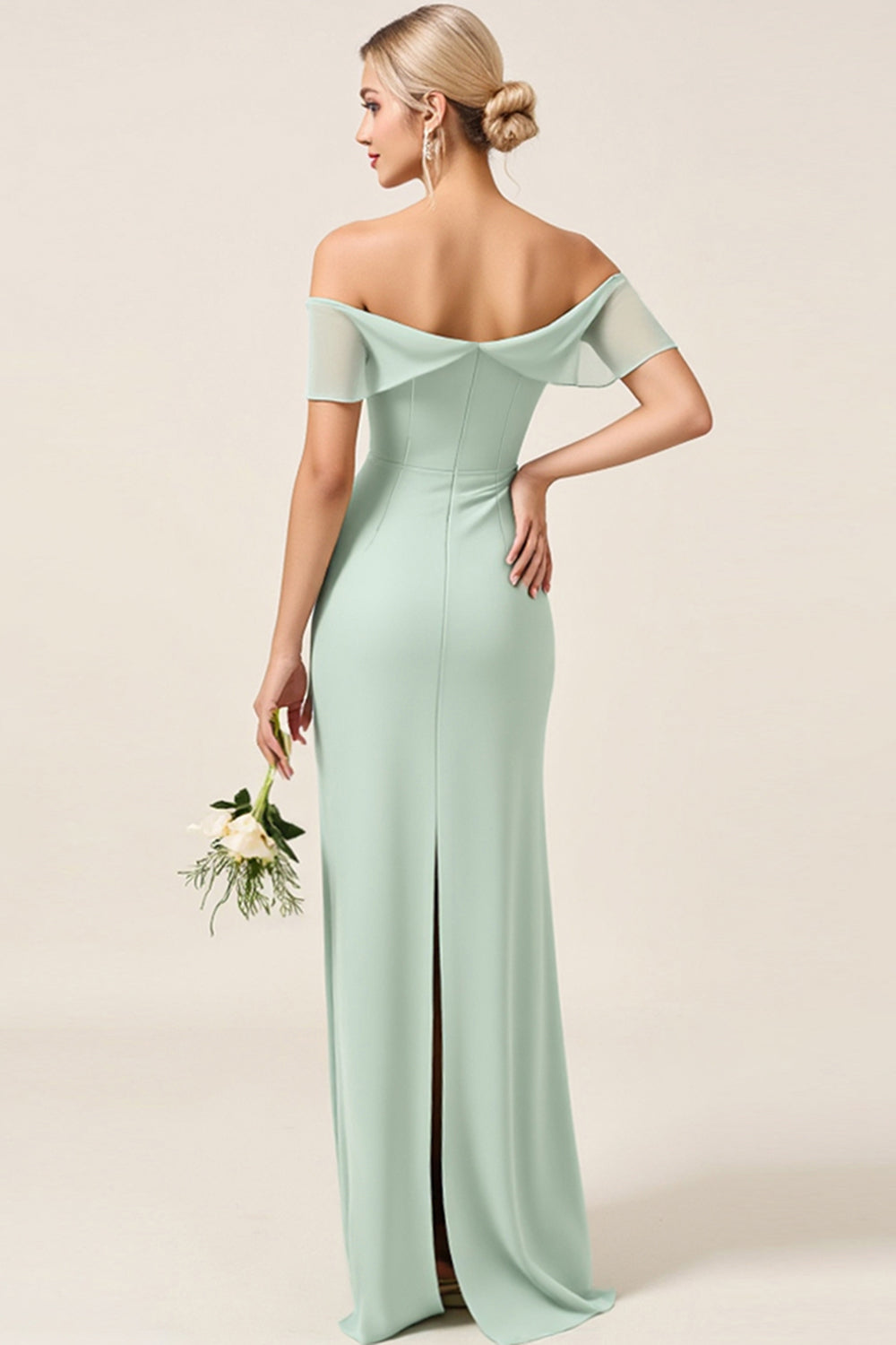 Mint Sheath Off the Shoulder Ruched Satin Long Bridesmaid Dress
