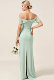 Mint Sheath Off the Shoulder Ruched Satin Long Bridesmaid Dress