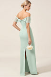 Mint Sheath Off the Shoulder Ruched Satin Long Bridesmaid Dress