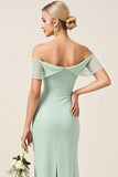 Mint Sheath Off the Shoulder Ruched Satin Long Bridesmaid Dress