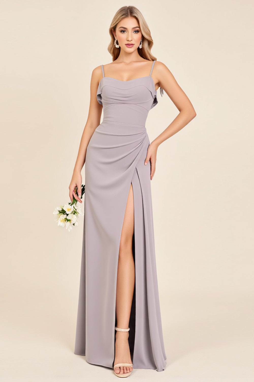 Silver Sheath Spaghetti Straps Ruched Satin Long Bridesmaid Dress with Slit