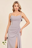 Silver Sheath Spaghetti Straps Ruched Satin Long Bridesmaid Dress with Slit