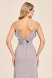 Silver Sheath Spaghetti Straps Ruched Satin Long Bridesmaid Dress with Slit