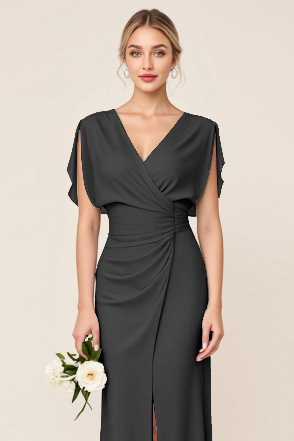 Light Blue Sheath Wrap V Neck Chiffon Long Bridesmaid Dress