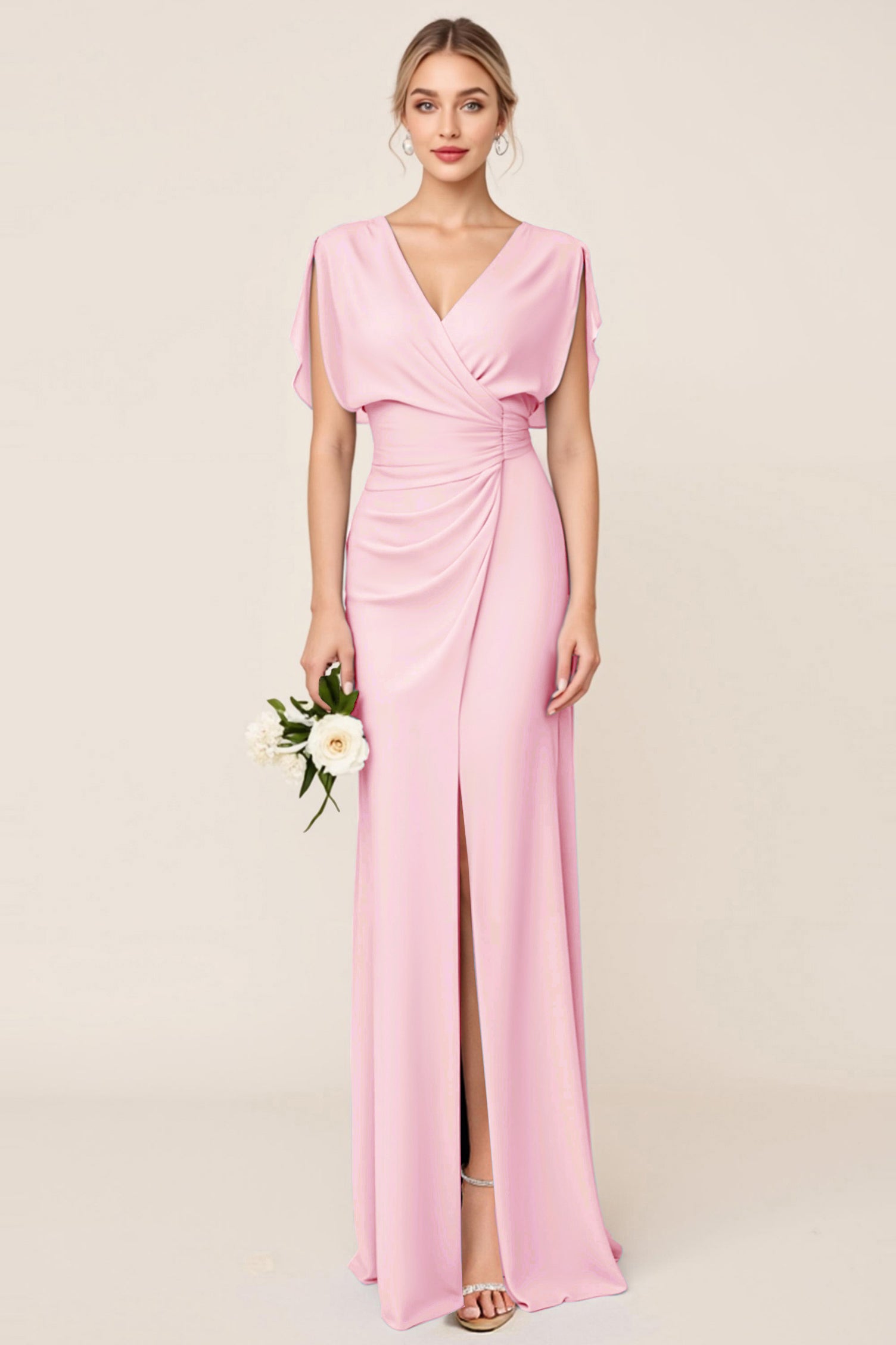 Light Blue Sheath Wrap V Neck Chiffon Long Bridesmaid Dress